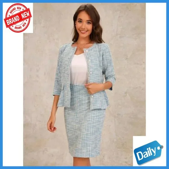 Tweed Skirt Suit Set 3/4 Sleeve Jacket Elastic Waist Pencil Skirt - Picture 3 of 7